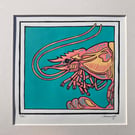 Big Shrimp - Seaside Painted Lino Print - Sealife - Seafood - Painting