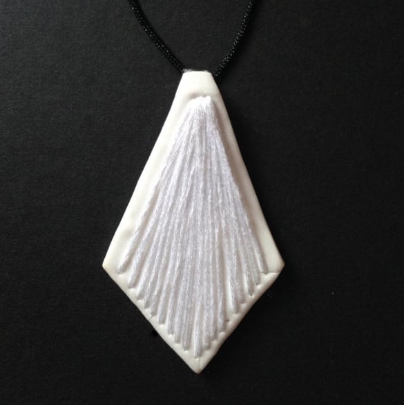 Embroidered White Polymer Clay Diamond Shape Necklace