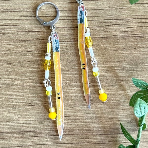Pencil Earrings - Glitter Stationery Art & Craft Dangle Huggie Hoops