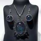 Vintage style pendant and drop earrings, handmade felt with silk in black