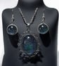 Vintage style pendant and drop earrings, handmade felt with silk in black