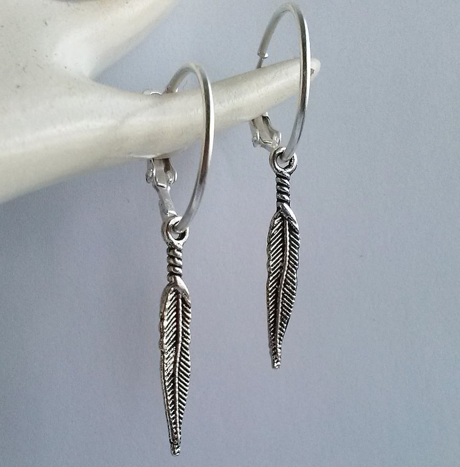 Feather Hoops Silver Plate Hoop Earrings