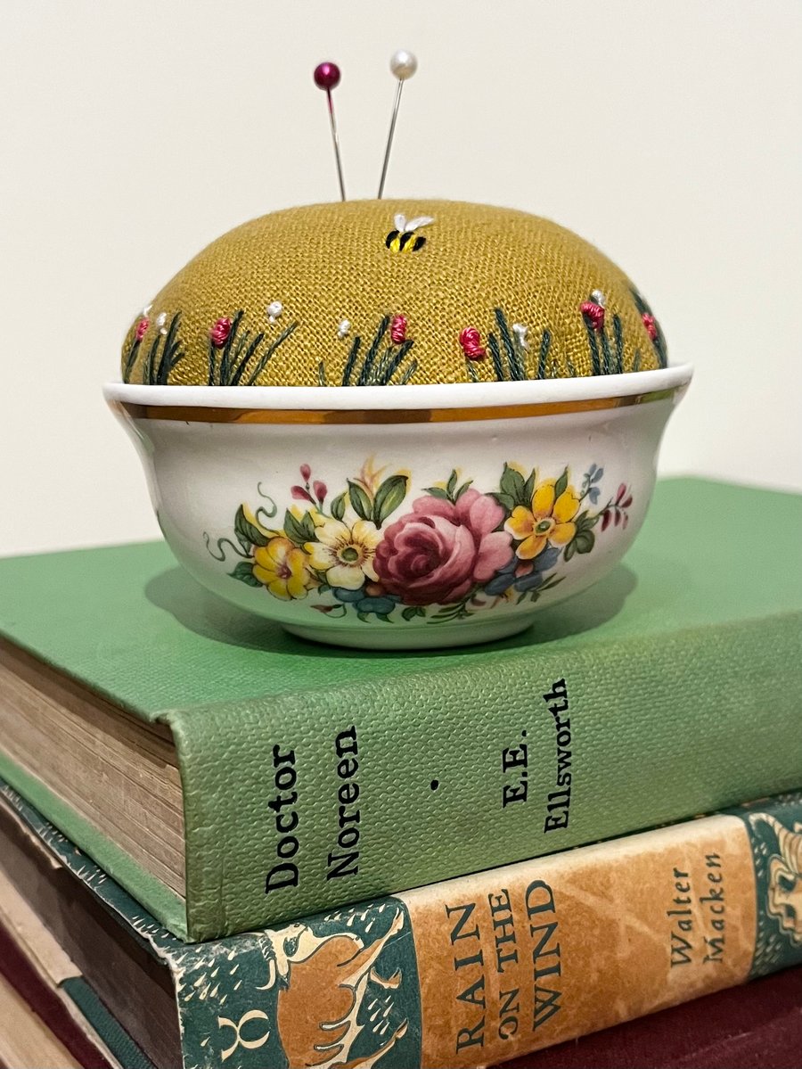 Pretty rose dish embroidered pincushion