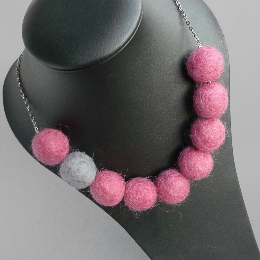 Chunky Raspberry Pink Felt Ball Necklace - Colourful Fun Pink Jewellery Gifts