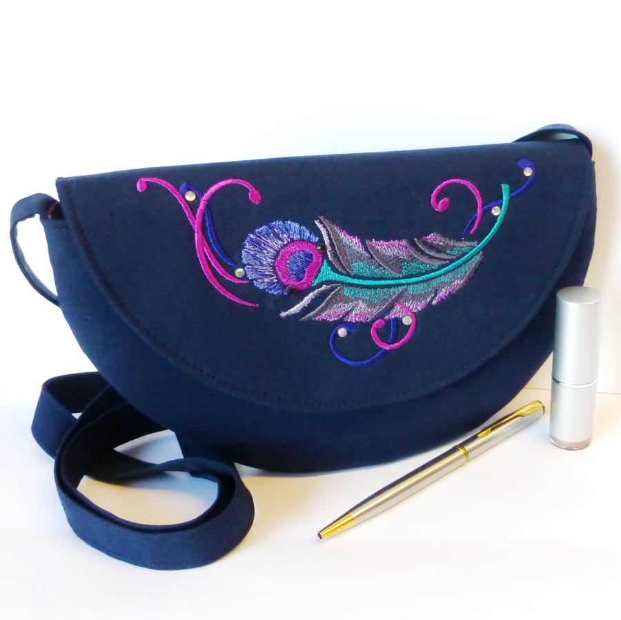 REDUCED: Cross body bag with feather embroidery, semi-circular