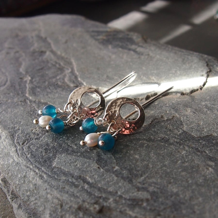 Sterling Silver Moon Earrings with Blue Apatite and Pearls