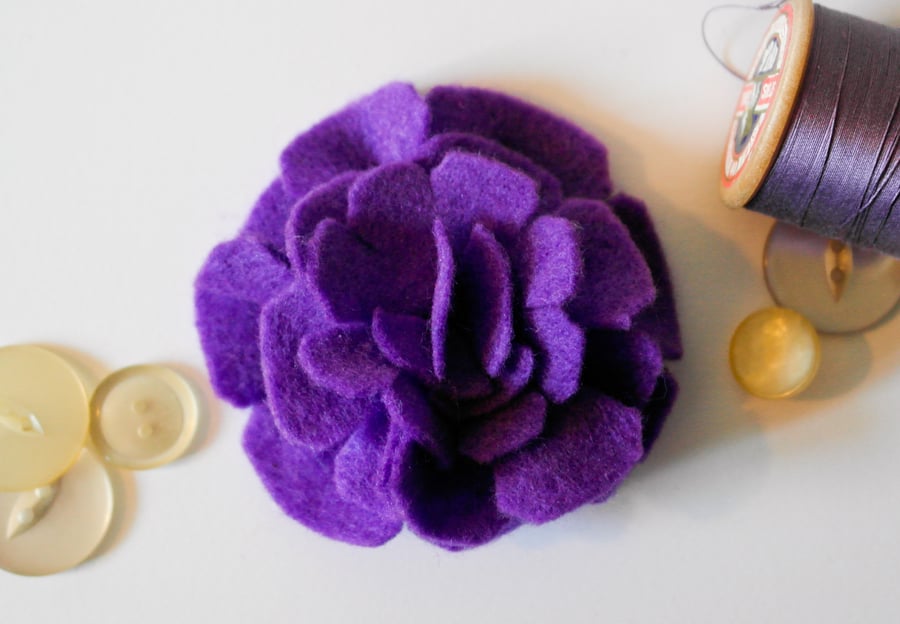 Felt Brooch - Handmade Purple Flower Brooch - Hand Sewn Pin 