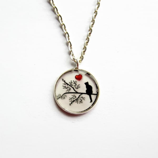 Black Cat and Red Love Heart Resin Necklace