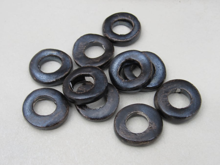 10 Medium Dark Earth Glazed Ceramic Donut Beads
