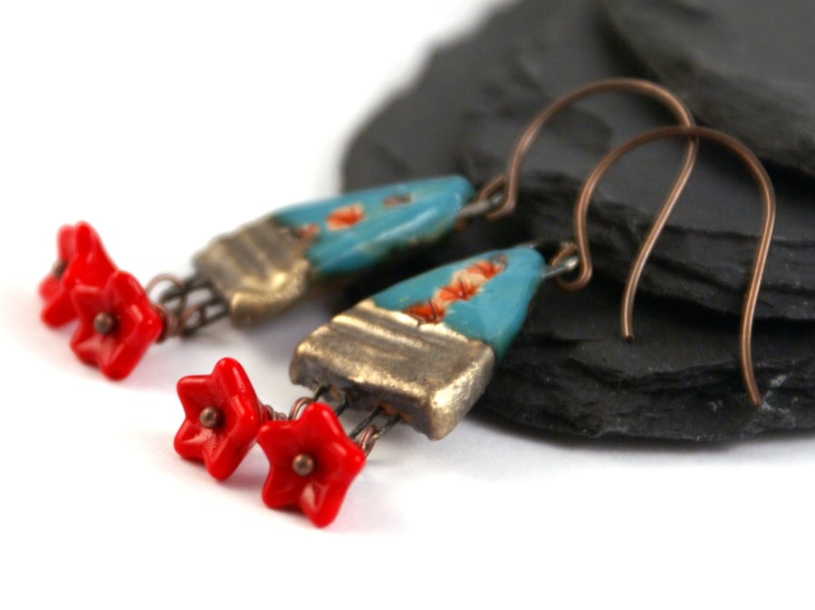 Turquoise and Red Ceramic Earrings