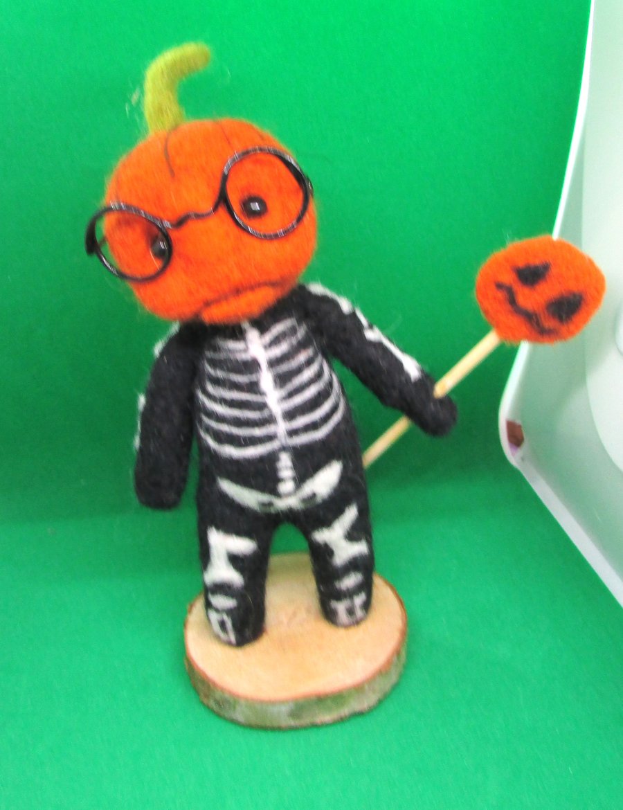 Needle Felted Pumpkin Skeleton Handmade Character