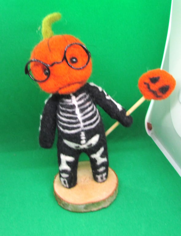 Needle Felted Pumpkin Skeleton Handmade Character