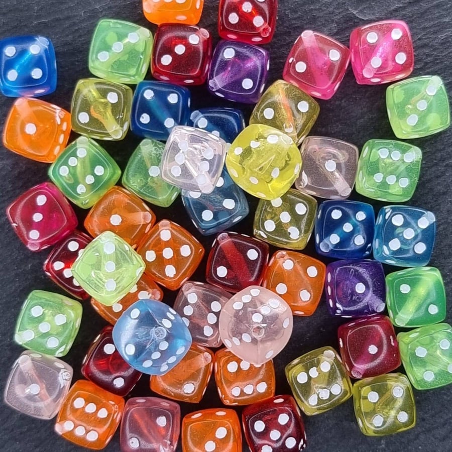 50 Small Acrylic dice Beads. Transparent Acrylic