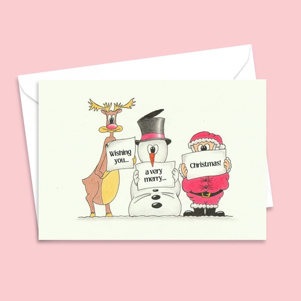 Christmas Card and Envelope With Hand Drawn Festive Characters