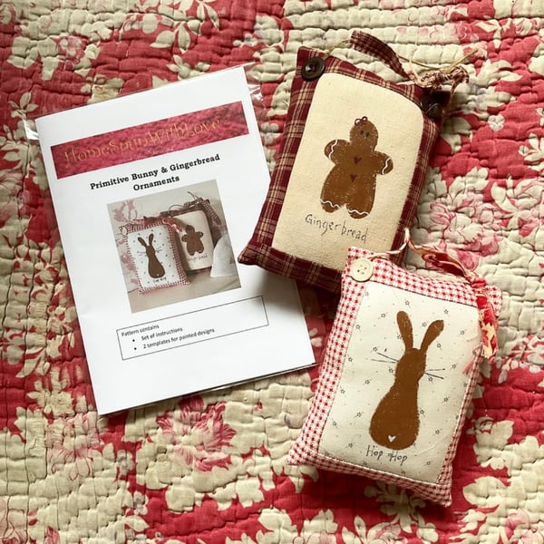 PDF pattern - Primitive Bunny and Gingerbread decoration 