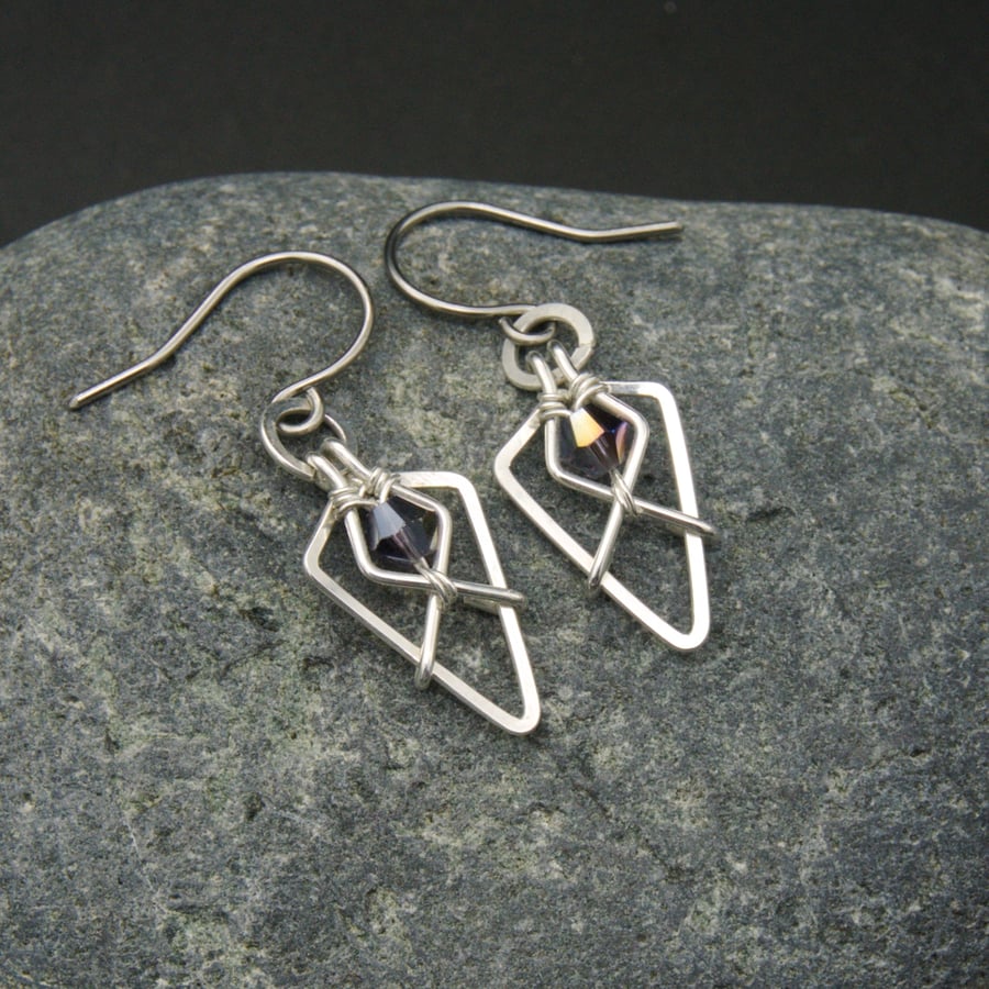 Hammered Sterling Silver Arrowhead Earrings with Dark Purple Faceted Glass Beads