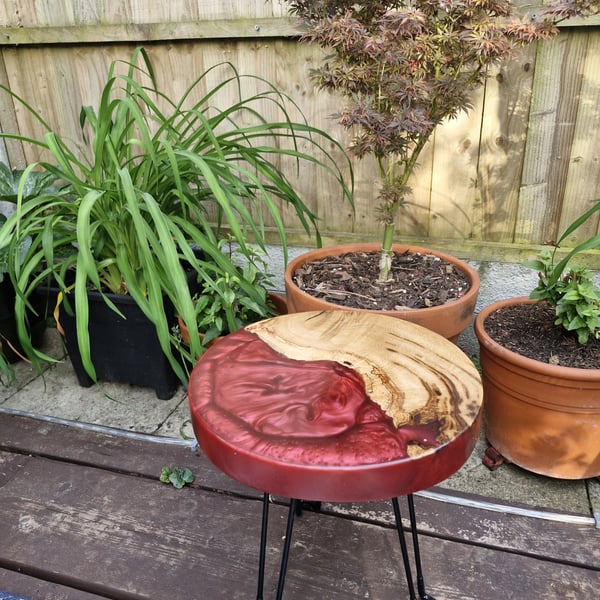 English Oak Live Edge Round Red Resin Table