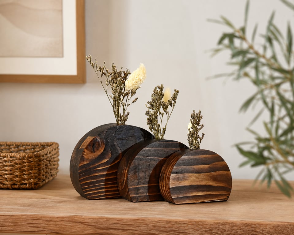 Wooden Vase Set of 3, Dried Flower Vase, Upcycled Wood Decor, Dark Oak Wood