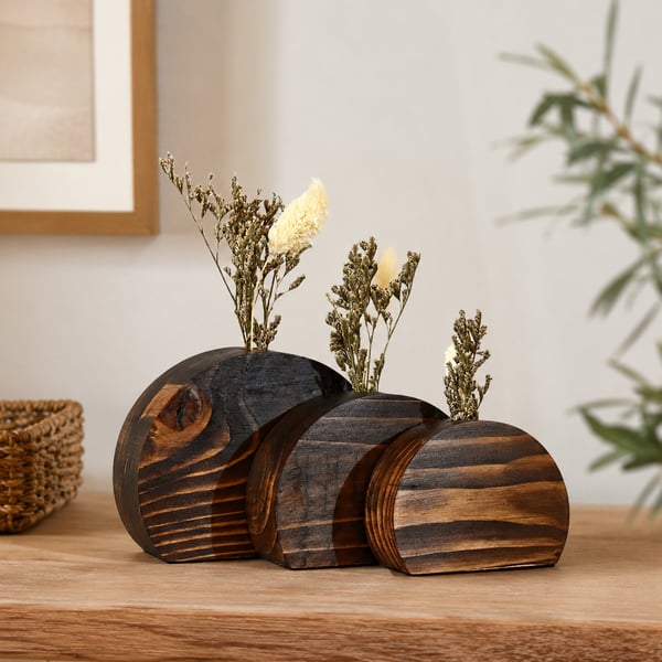 Wooden Vase Set of 3, Dried Flower Vase, Upcycled Wood Decor, Dark Oak Wood
