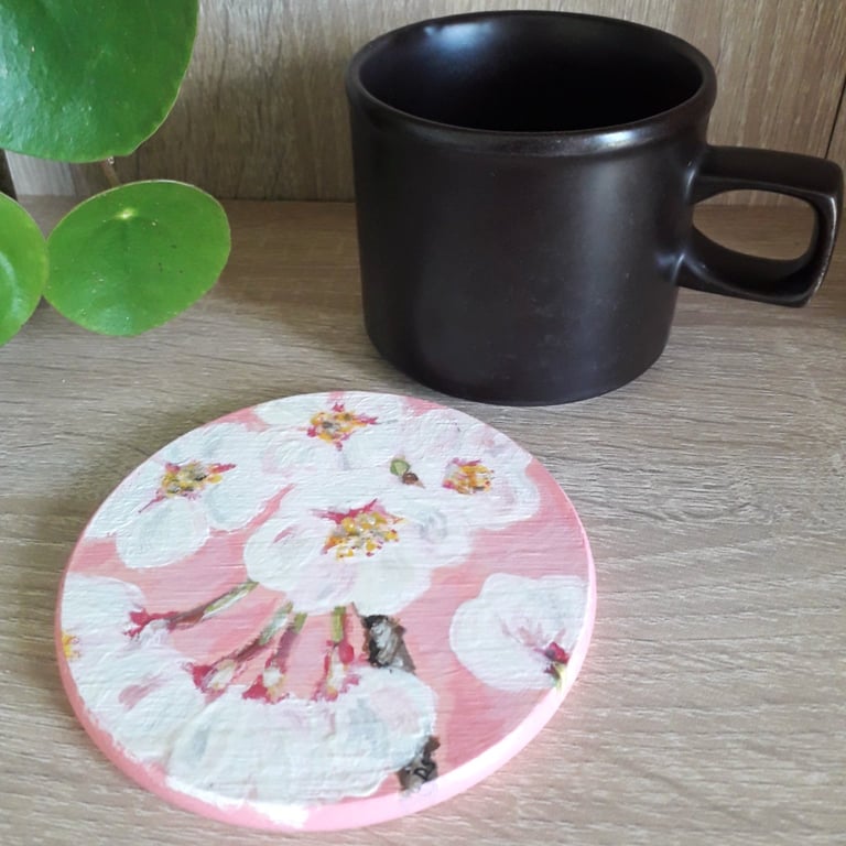 Wooden Coaster Handpainted pink with white apple blossoms 