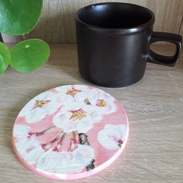 Wooden Coaster Handpainted pink with white apple blossoms 
