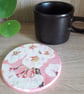 Wooden Coaster Handpainted pink with white apple blossoms 