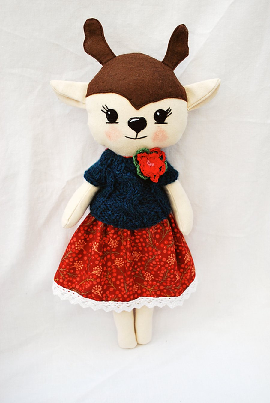 Deer Handmade Doll, Christmas fawn, Plush Deer, Stuffed Animal, Cloth Doll