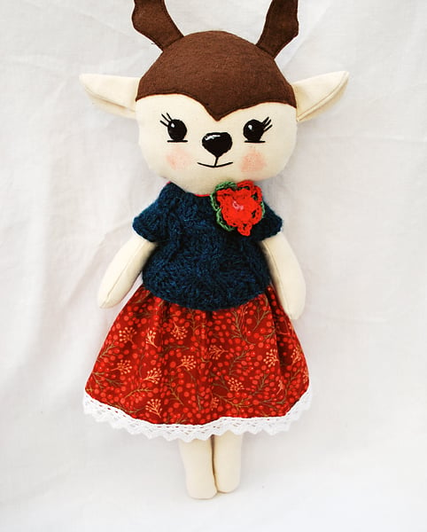 Deer Handmade Doll, Christmas fawn, Plush Deer, Stuffed Animal, Cloth Doll