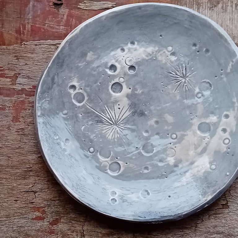 grey hand decorated moon side plate ceramic handmade stoneware