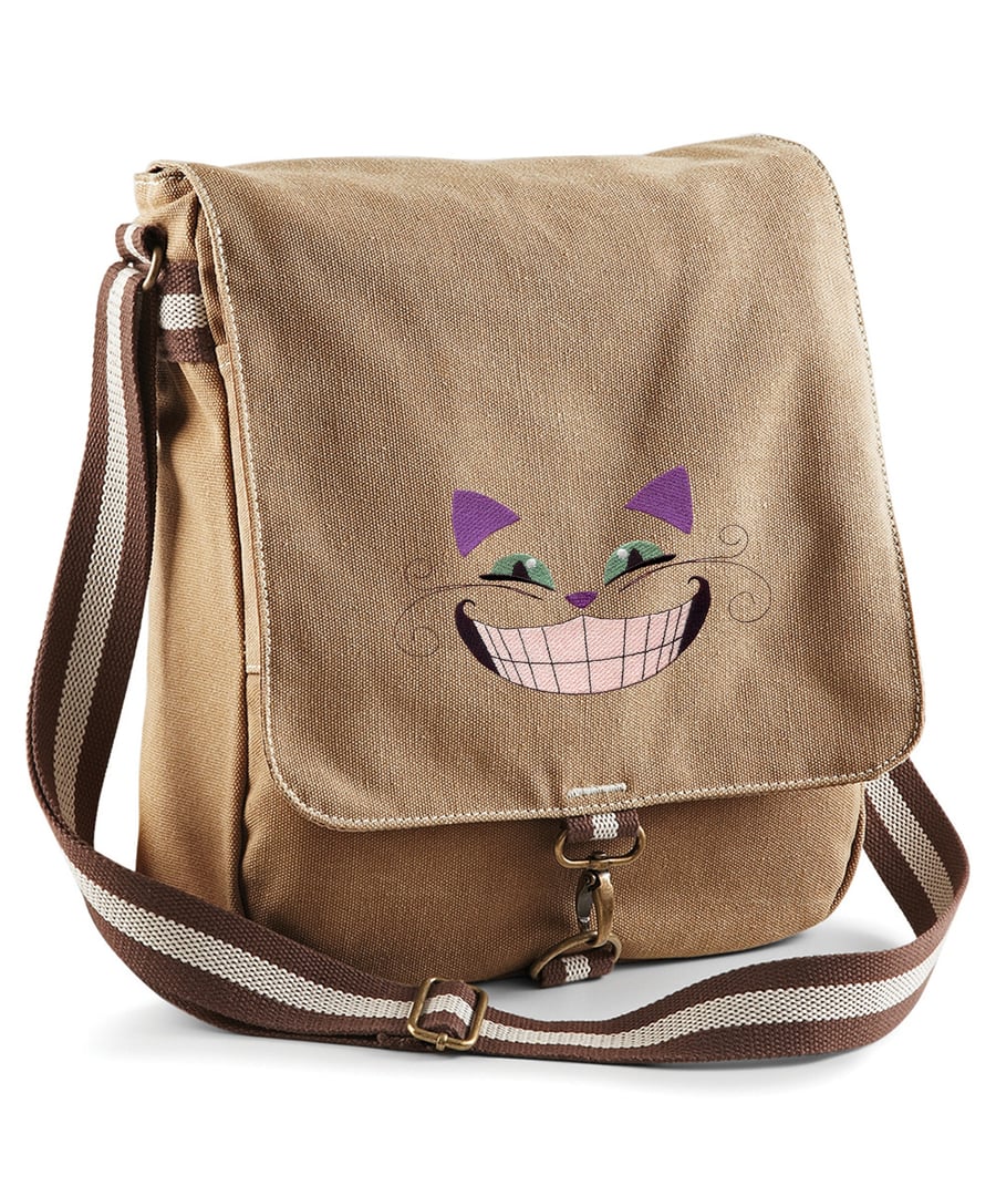 Cheshire Cat Grin Embroidered Canvas Field Bag