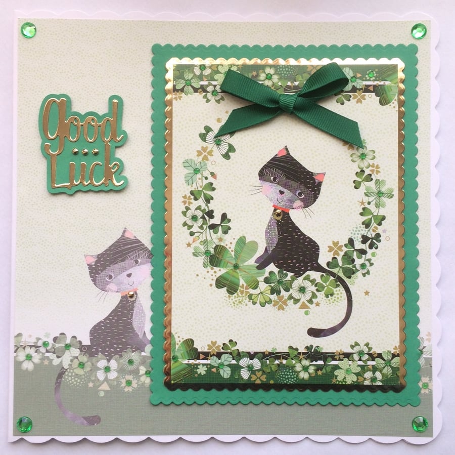 Good Luck Card Black Cat with Four Leaf Clovers 3D Luxury Handmade Card