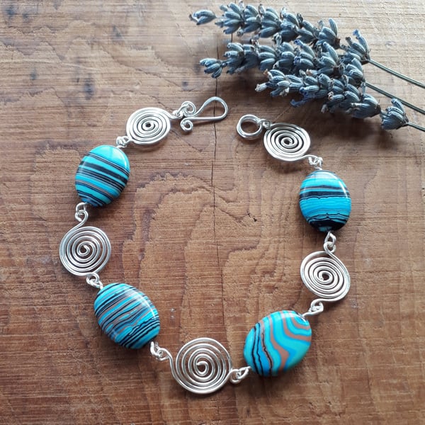 Blue Malachite Silver spirals bracelet Jewellery beaded bracelets Christmas gift