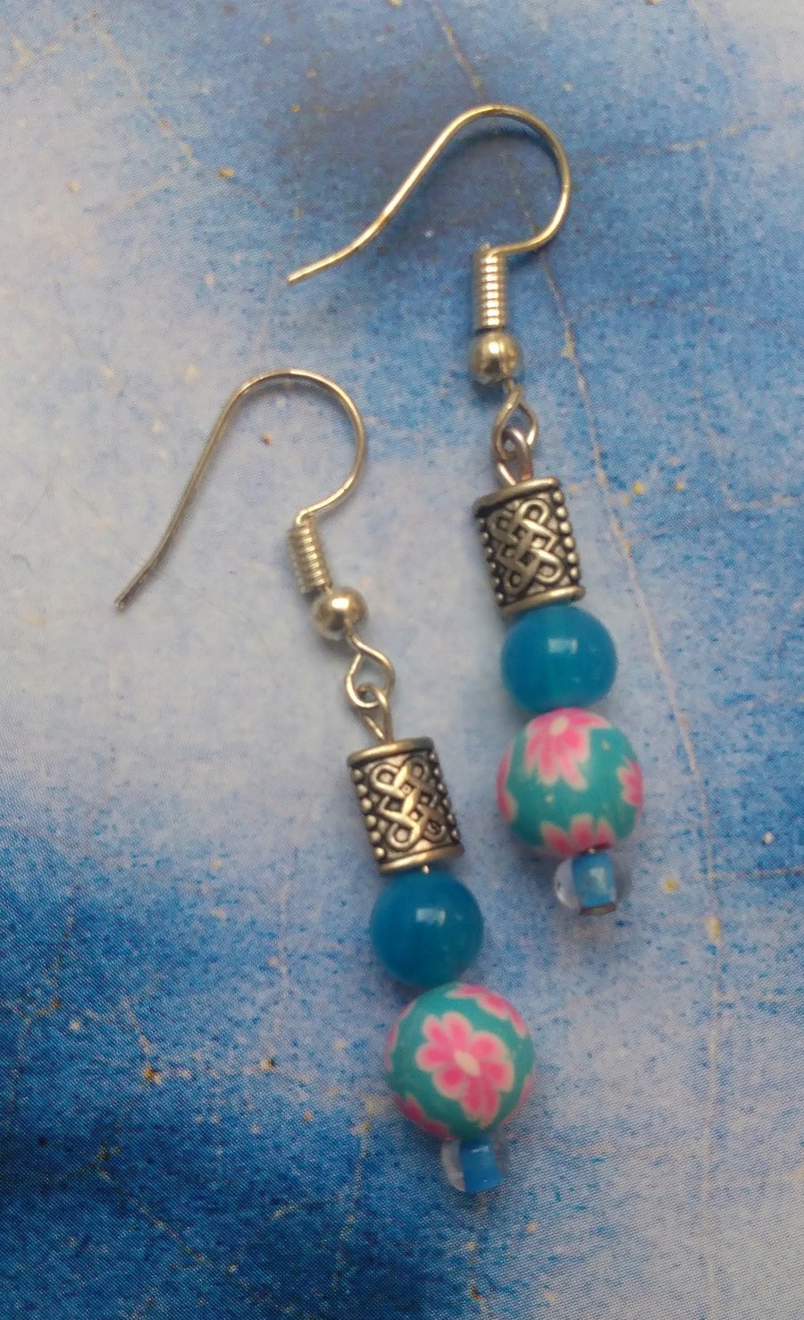 Lovely Blue Glass, Polymer Clay and Tibetan Silver Earrings