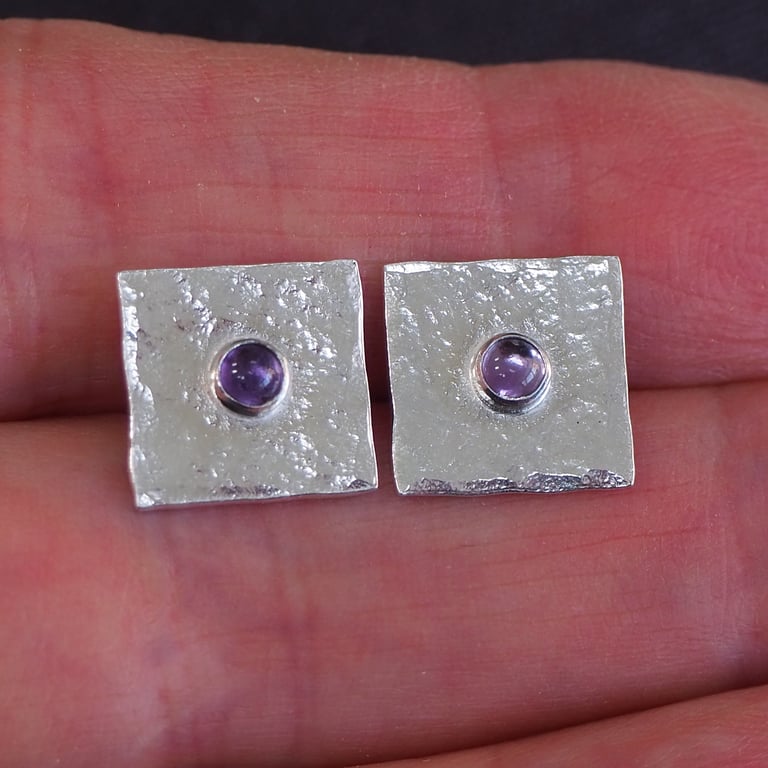 Lilac Amethyst Sterling Silver Stud Earrings, Square Silver Studs