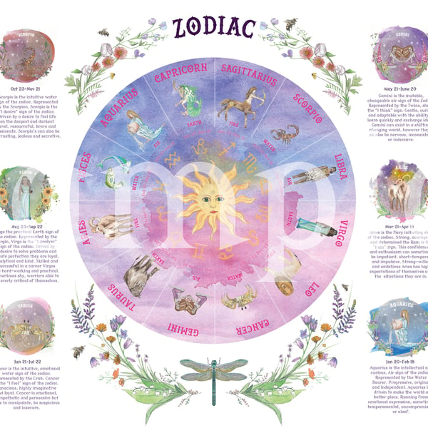 Zodiac Poster A3 astrology watercolour art poster print, Star Signs