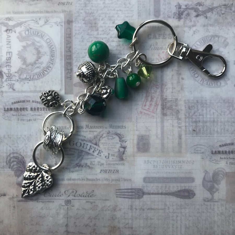 Green and silver beaded bag charm