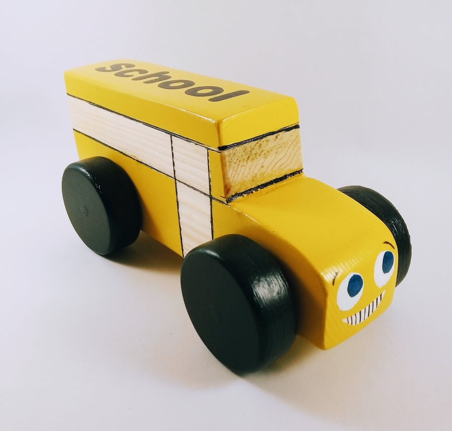 Pull along wooden Bus. handmade yellow school toy. classic kids' toy car.