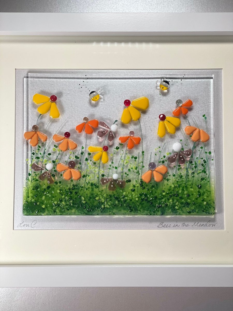 “Fused glass “bees in the meadow” glass art-picture