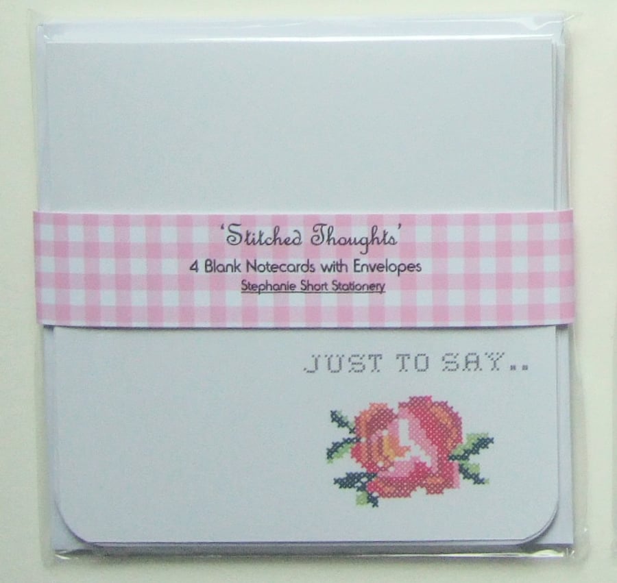 'Stitched Thoughts' Set of Four Cross Stitch Theme, Notecards & Envelopes 
