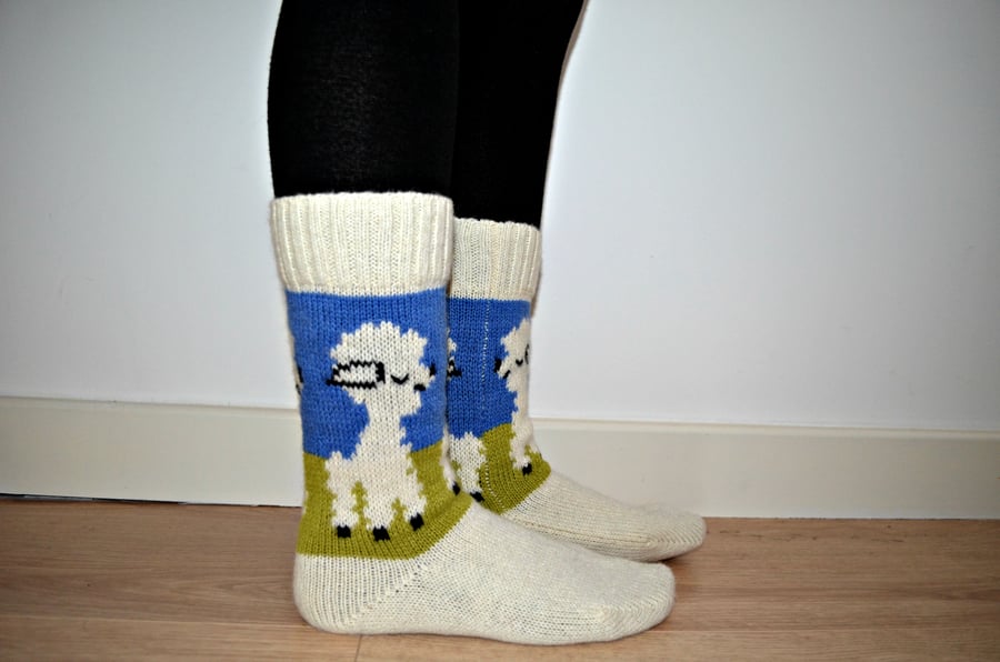 READY TO SHIP Wool Socks Lamb White Green Blue Christmas Winter Autumn