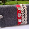 Grey Wool Glasses Case - lace - dotty ribbon - buttons.