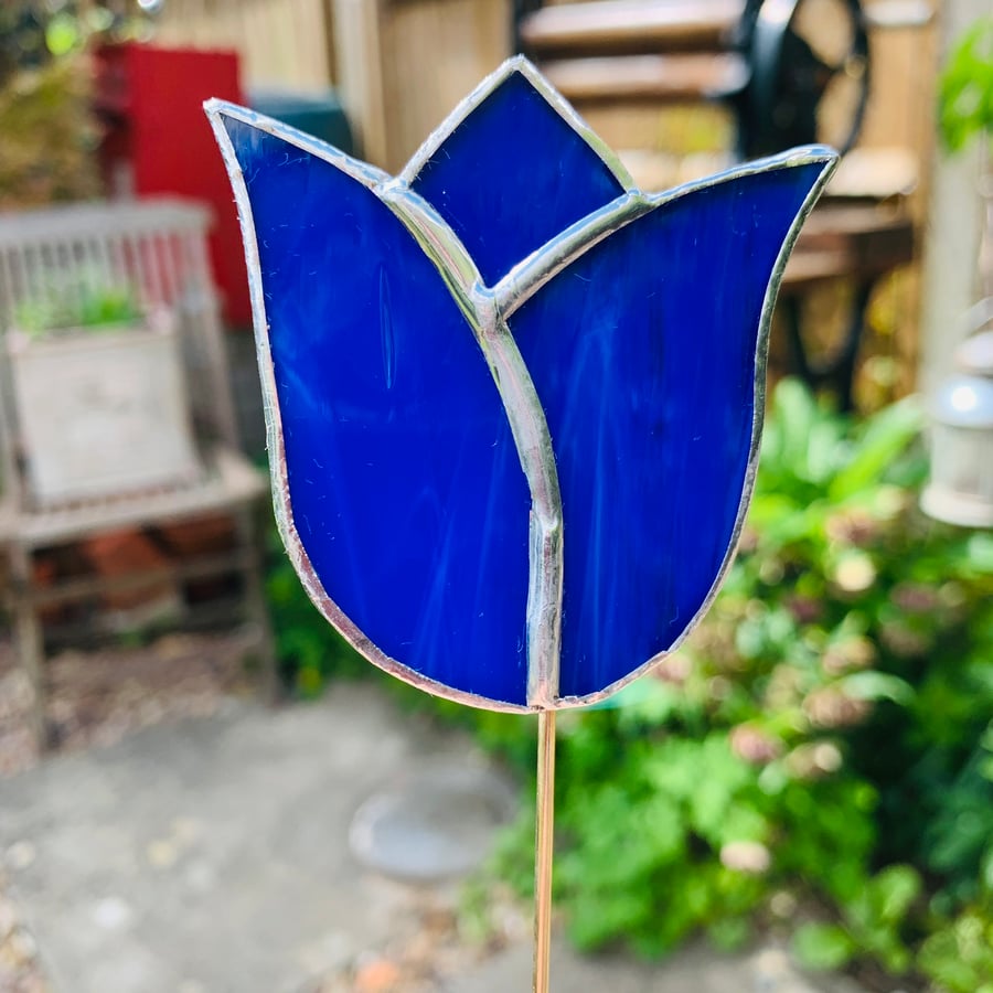 Stained  Glass Tulip Stake Small - Handmade Plant Pot Dec - Blue