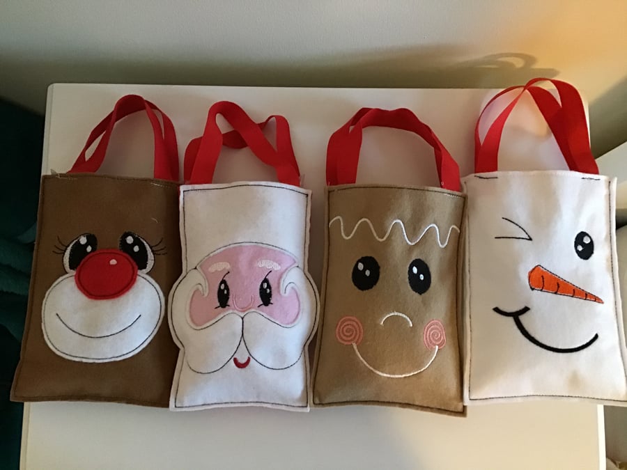 Christmas treat bags, set of four, Rudolph,snowman,Santa,Gingerbread man.