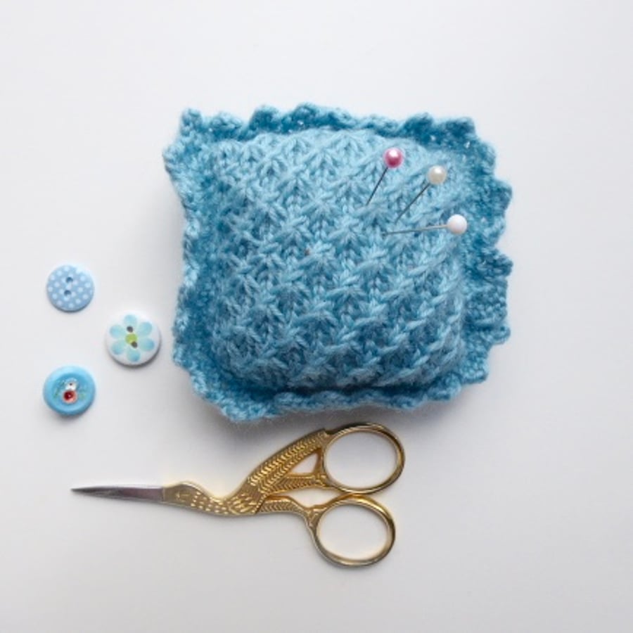 Pincushion, knitted pincushion, blue pincushion