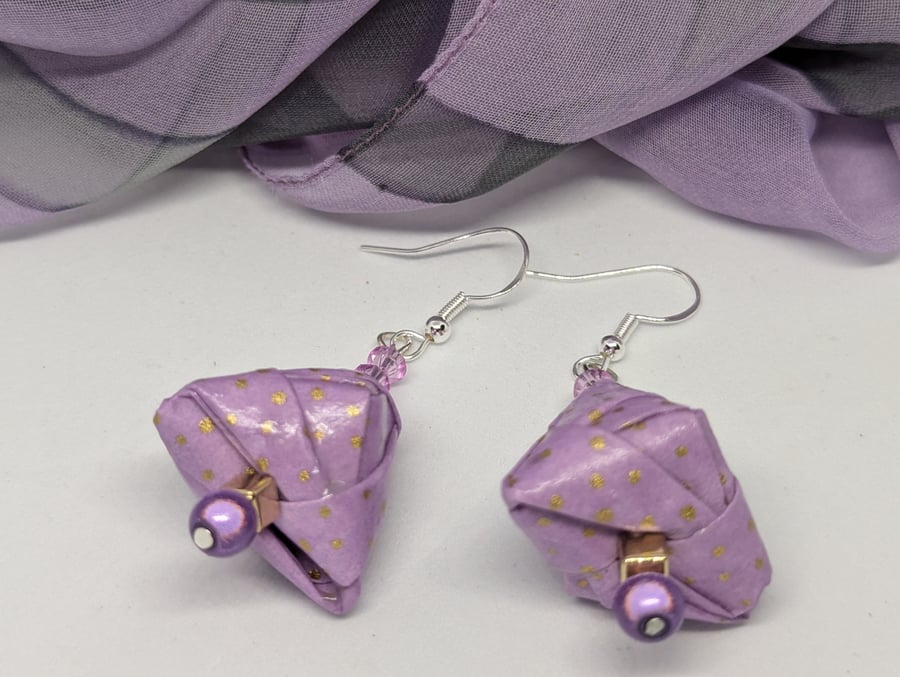  Japanese paper earrings; lilac with gold dots