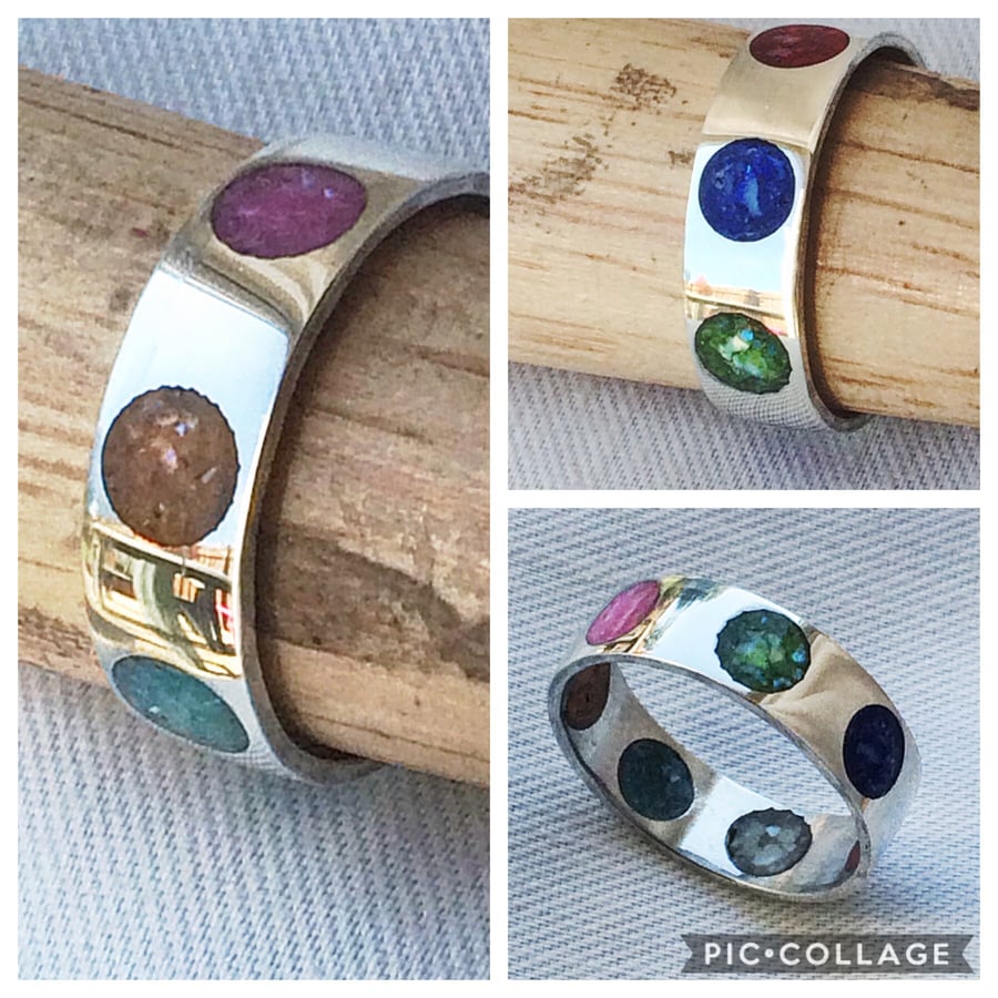 Sterling Silver Rainbow Inlay Dots Ring with Crushed Sea Shell
