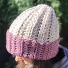 Handmade Ribbed Hat in Mauve and Light Beige