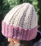 Handmade Ribbed Hat in Mauve and Light Beige