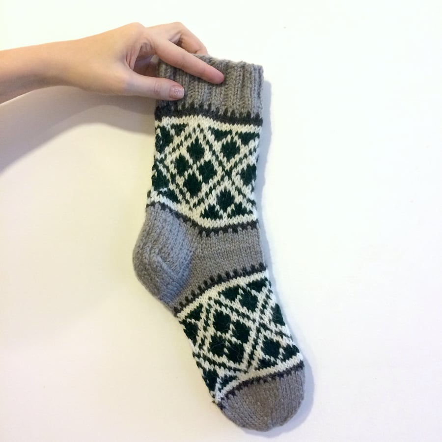 Ready to Ship Thick Mens Hand knitted Wool Socks in Grey White and Green Pattern