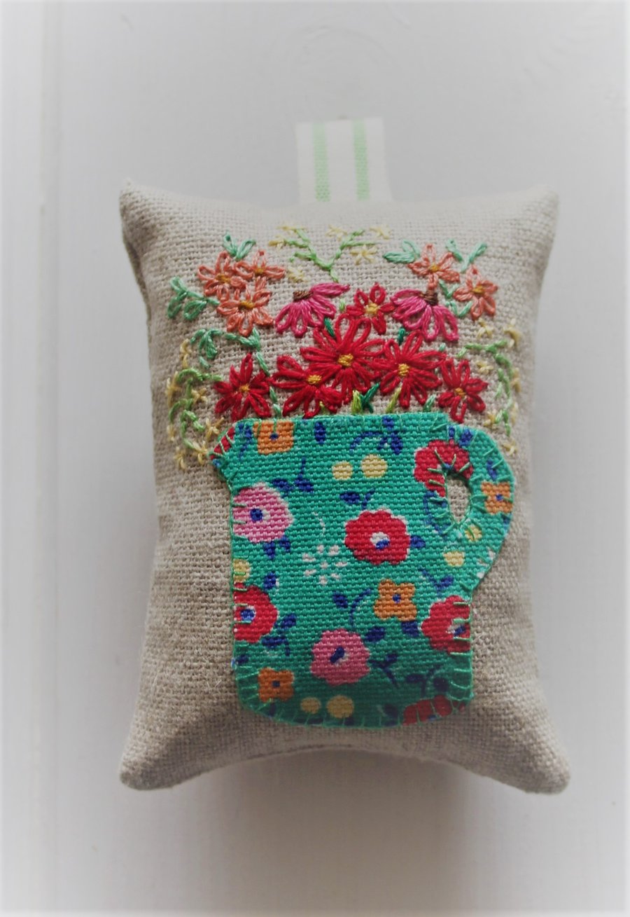 Lavender bag with green Cath Kidston jug design and hand-embroidered flowers